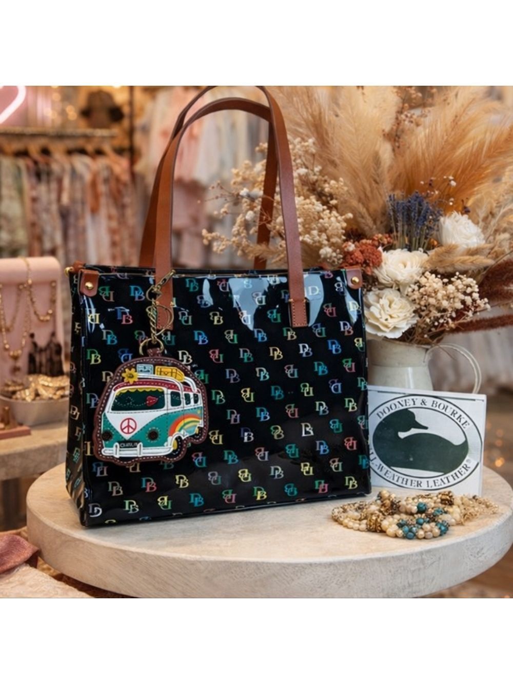 Dooney & Bourke Medium Shopper Hand Shoulder Bag Black Tote with Multicolor Logo